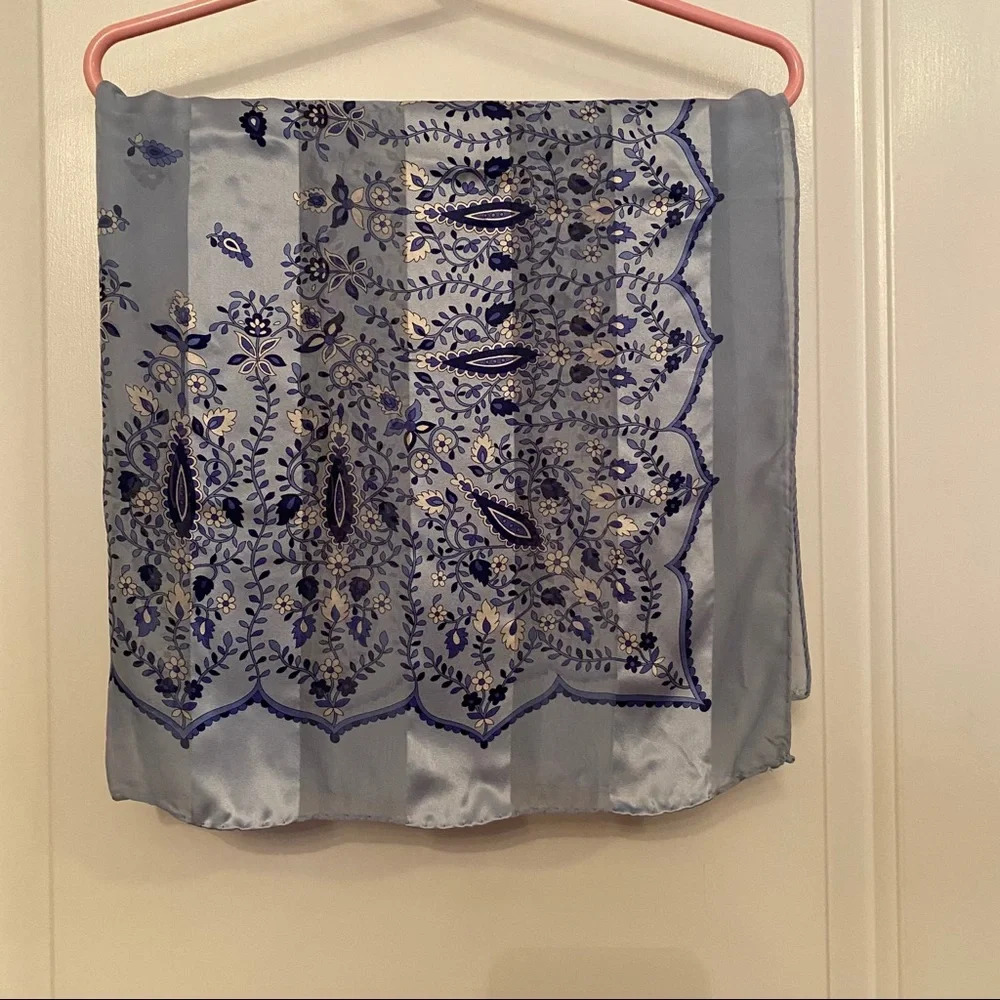FRANGI TIE RACK SCARF BLUE WHITE FLORAL SILK SQUARE ACCESSORY